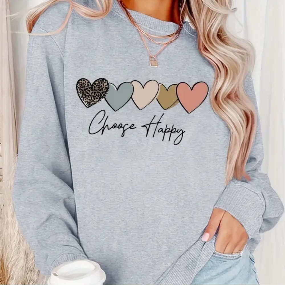 Women’s Gray 'Choose Happy' Heart Crewneck Sweatshirt - Size XL - NWOT